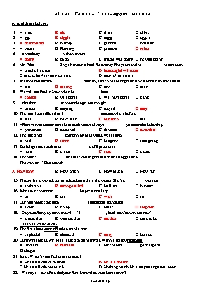 Đề thi giữa kỳ 1 môn Tiếng Anh Lớp 10 - Năm học 2019-2020